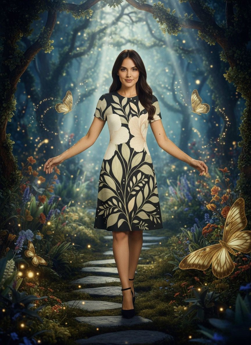 Women’s Floral A-Line Dress – Elegant Short Sleeve Summer Outfit