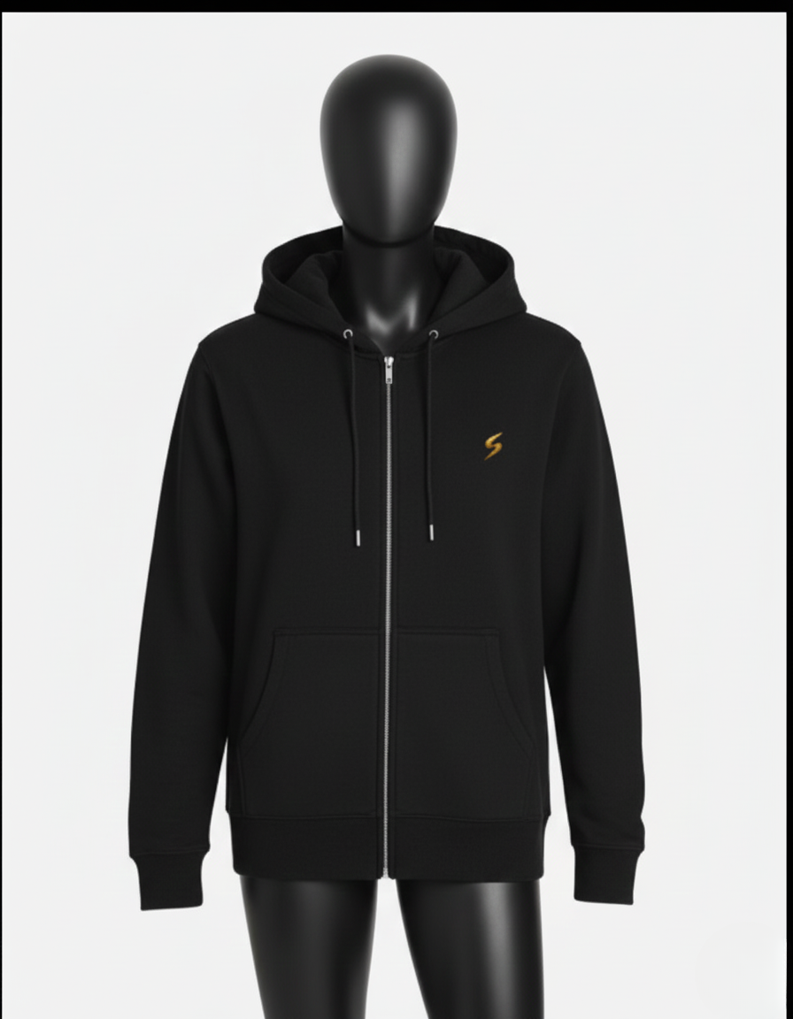 Black hoodie with a yellow logo on a mannequin against a white background