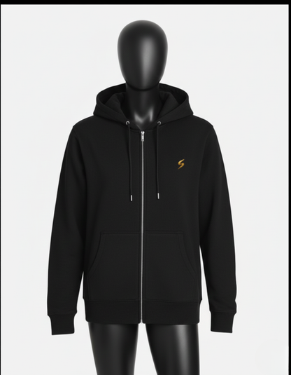 Black hoodie with a yellow logo on a mannequin against a white background