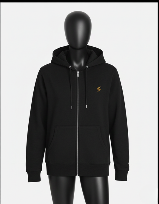 Black hoodie with a yellow logo on a mannequin against a white background