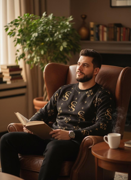 Man sitting in a chair reading a book in a cozy room with a plant and books in the background.