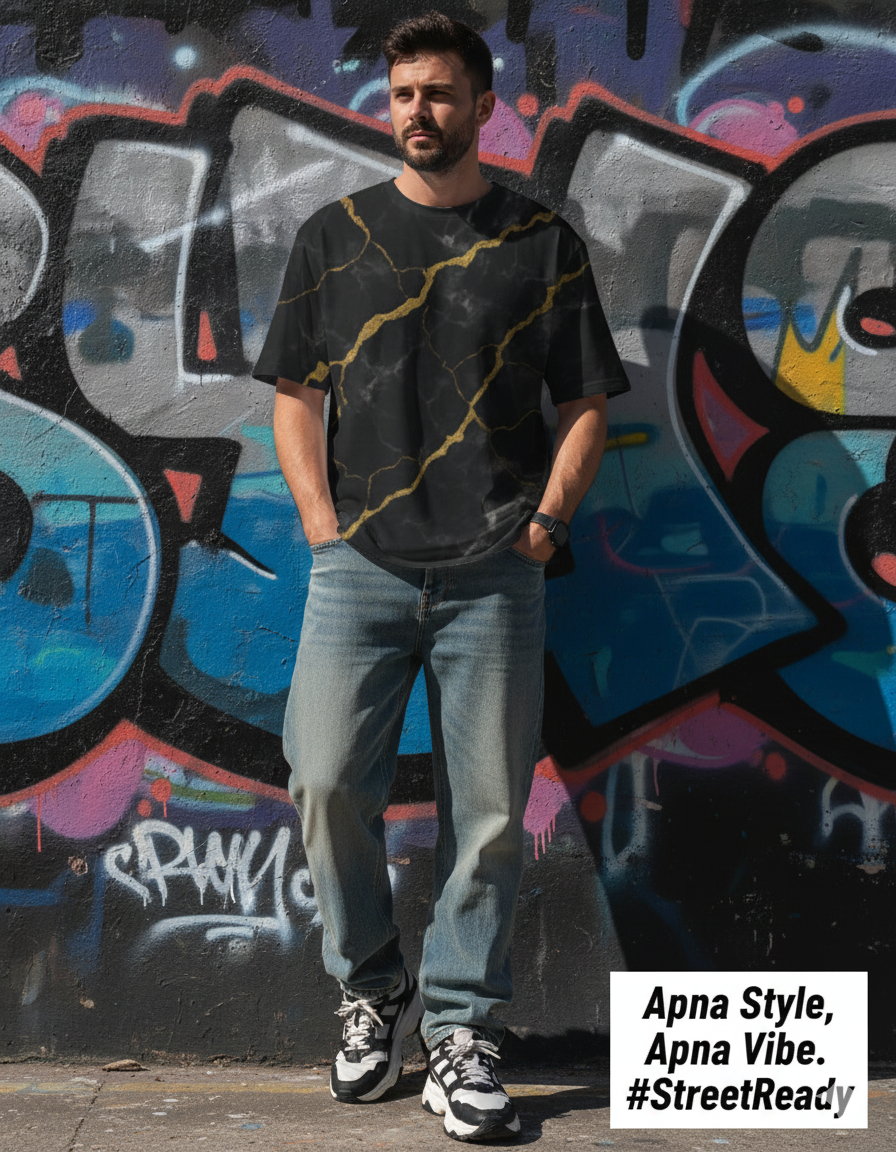 Man wearing a black t-shirt with yellow design and blue jeans standing in front of a colorful graffiti wall.