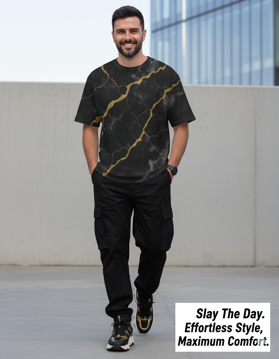 Man wearing a black and gold marble-patterned t-shirt with text 'Slay The Day. Effortless Style, Maximum Comfort.'