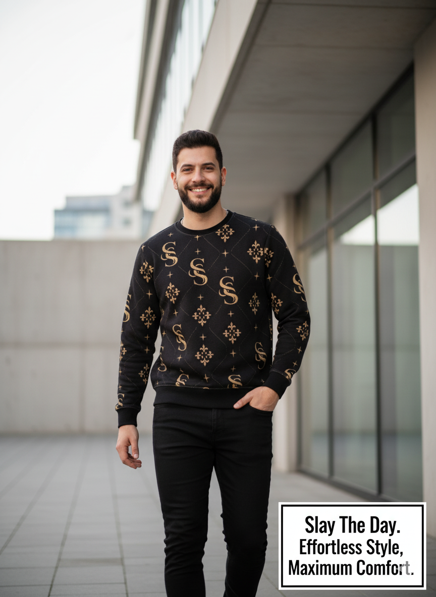 Men’s Luxury Pattern Sweatshirt – Black & Gold Streetwear Pullover