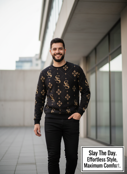 Men’s Luxury Pattern Sweatshirt – Black & Gold Streetwear Pullover