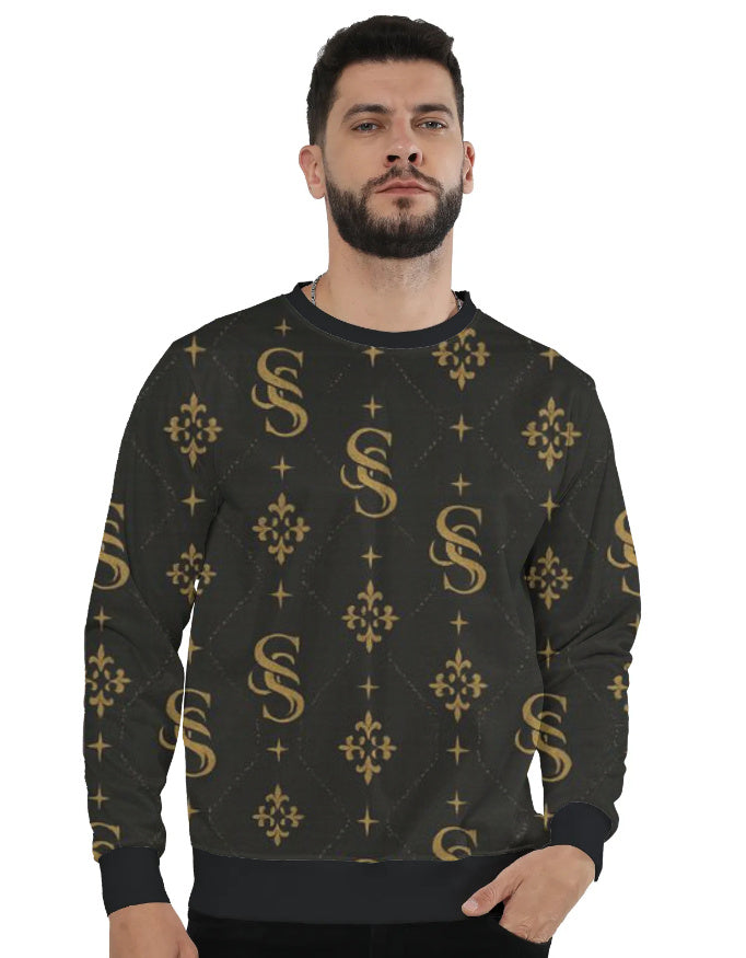 Man wearing a black sweater with gold patterns on a white background