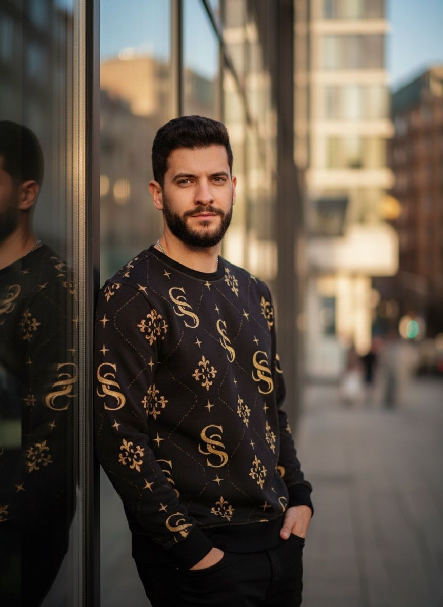 Man wearing a black sweater with gold patterns standing in an urban setting.