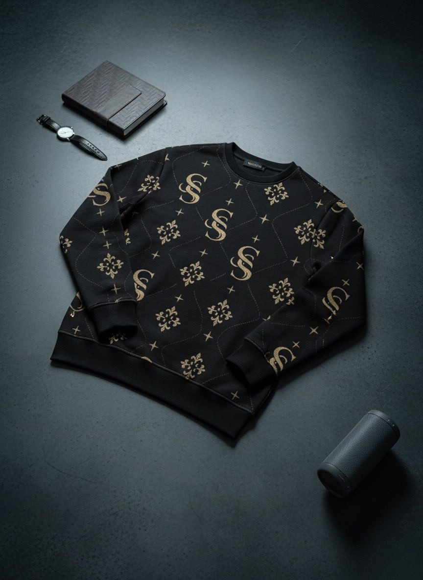 Black sweater with gold patterns on a dark surface