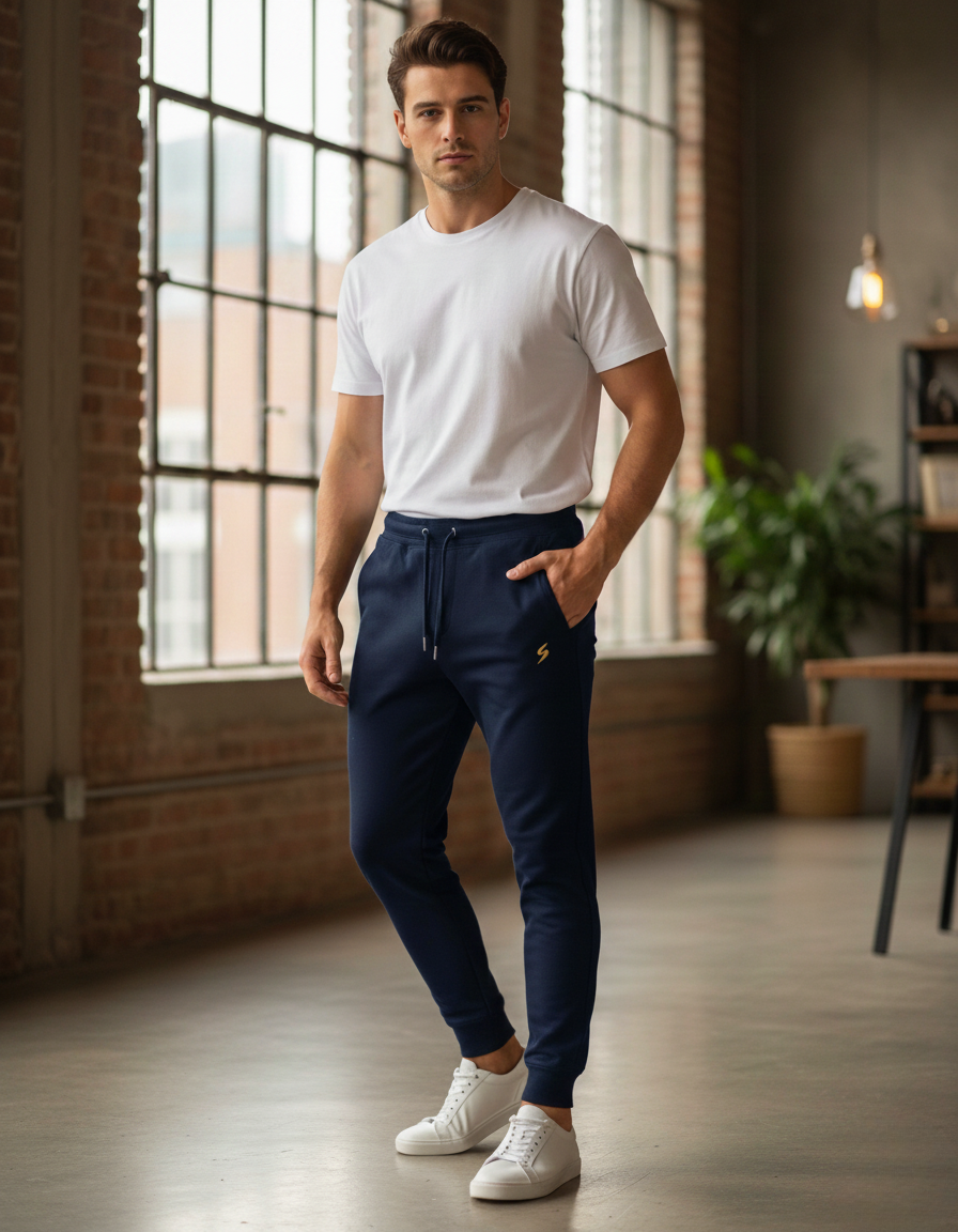 Man wearing a white t-shirt and navy jogger pants standing in a room with large windows and plants.