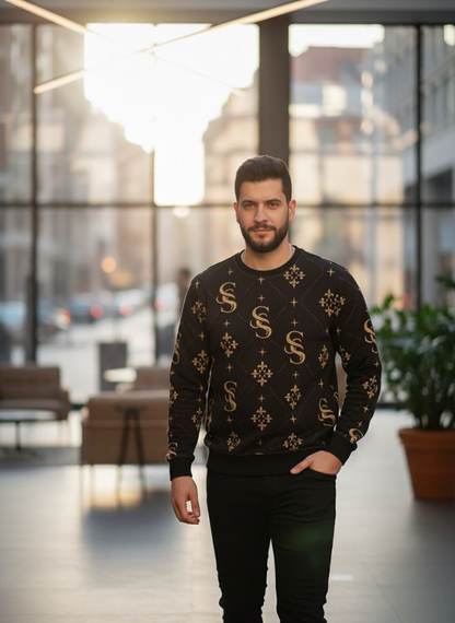 Men’s Luxury Pattern Sweatshirt – Black & Gold Streetwear Pullover