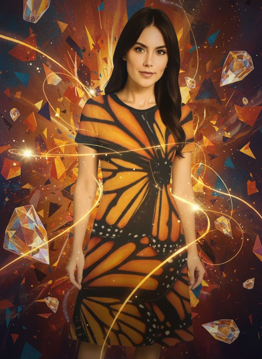 Woman with butterfly wings and diamond-like crystals in a fantasy setting