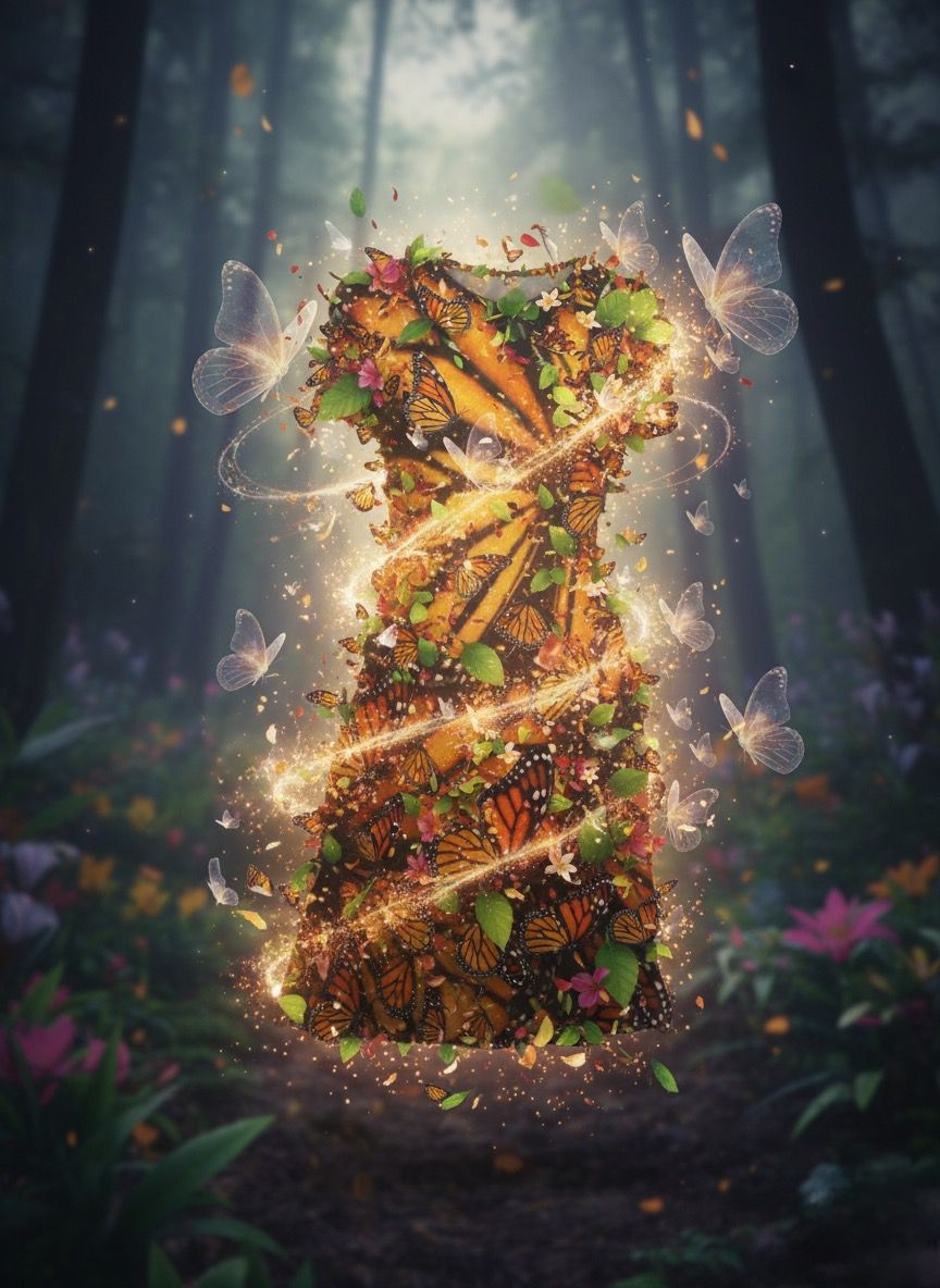 Number one made of butterflies and flowers in a forest setting