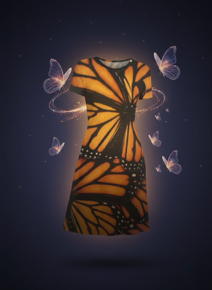 Dress with a butterfly pattern on a dark background