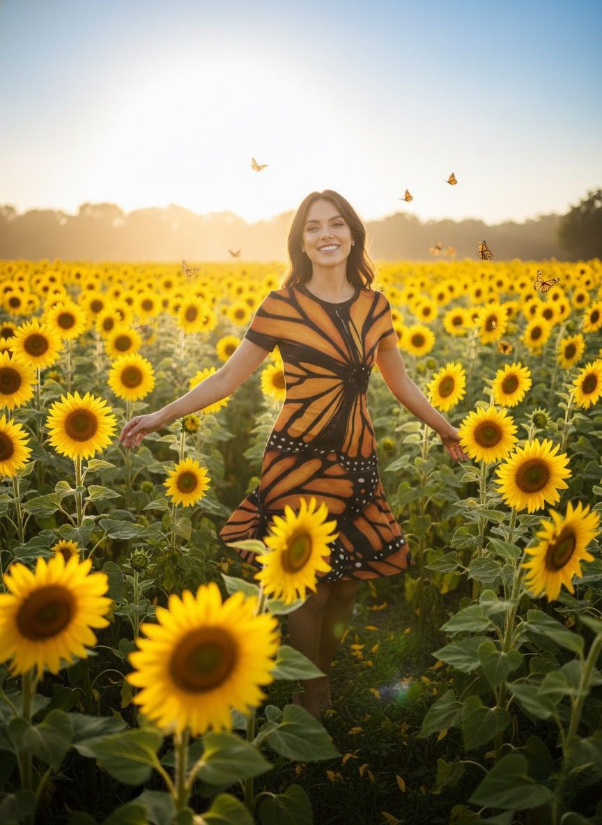 Woman in a sunflower field wearing a dress with butterfly pattern