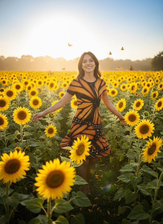 Woman in a sunflower field wearing a dress with butterfly pattern