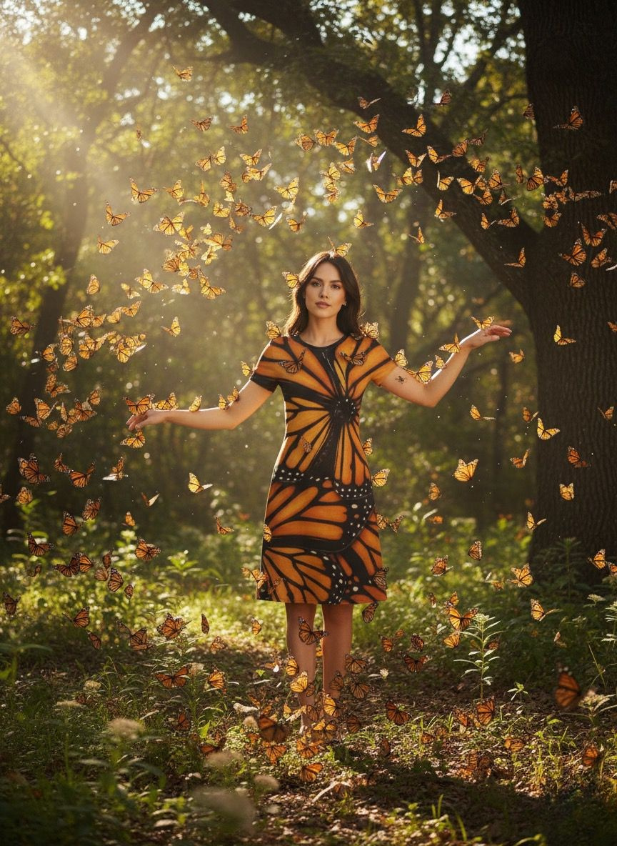 Woman in a butterfly-patterned dress surrounded by butterflies in a forest