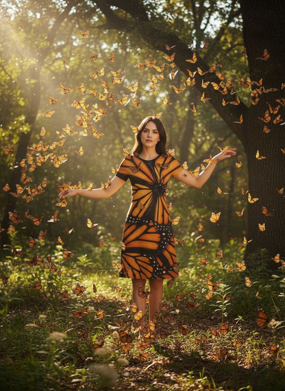 Woman in a butterfly-patterned dress surrounded by butterflies in a forest