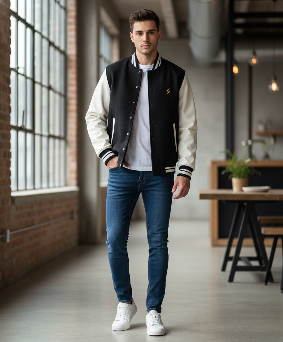 Man wearing a black and white varsity jacket with blue jeans and white sneakers in an indoor setting.