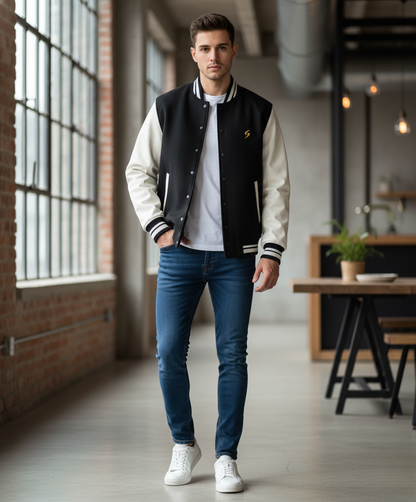 Man wearing a black and white varsity jacket with blue jeans and white sneakers in an indoor setting.