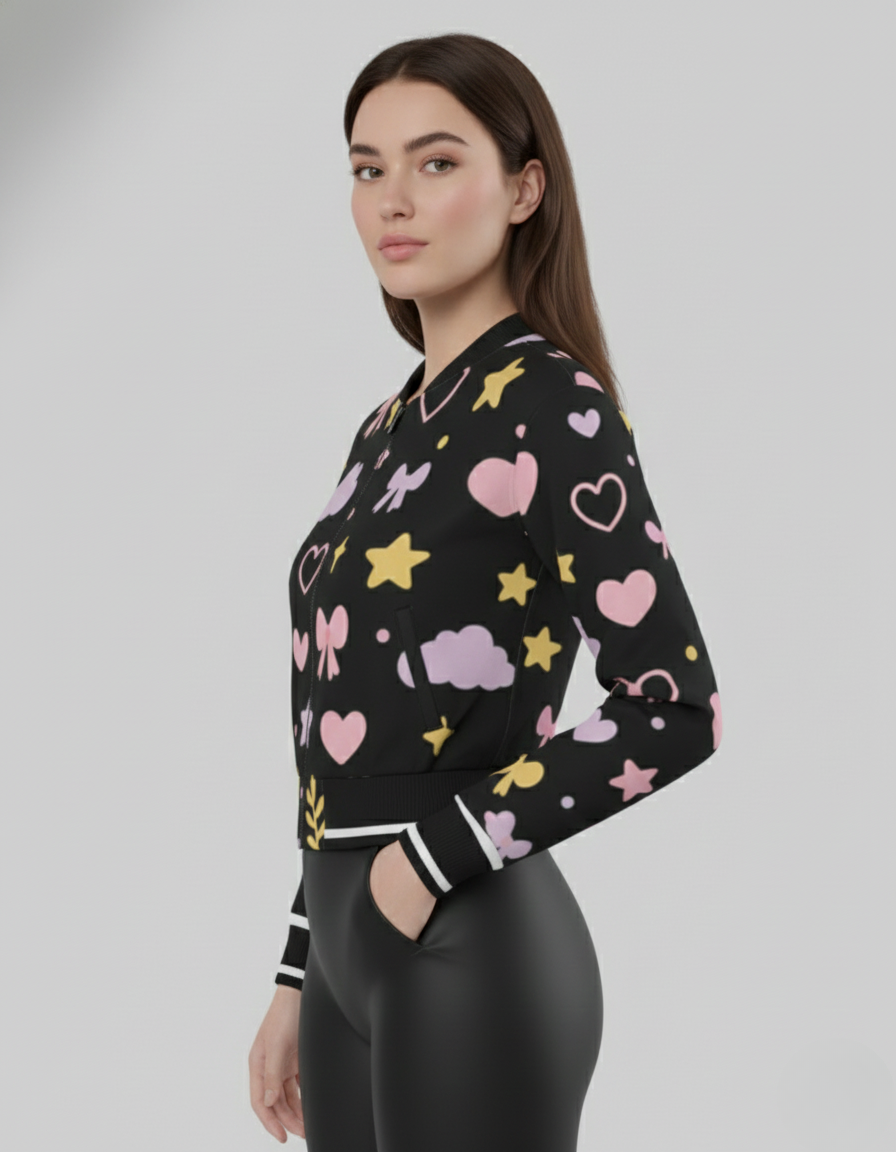 Women’s Cute Hearts & Stars Bomber Jacket –