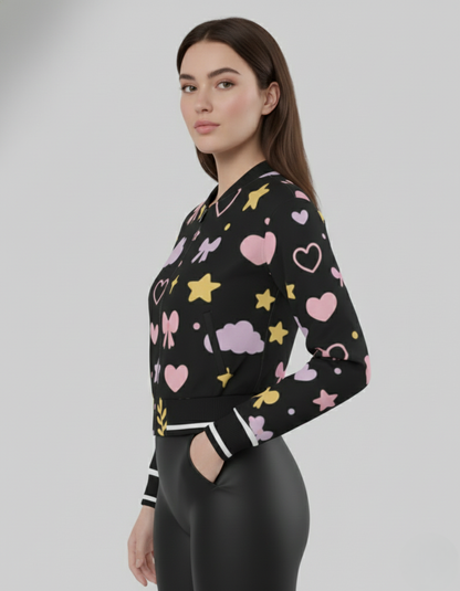 Women’s Cute Hearts & Stars Bomber Jacket –