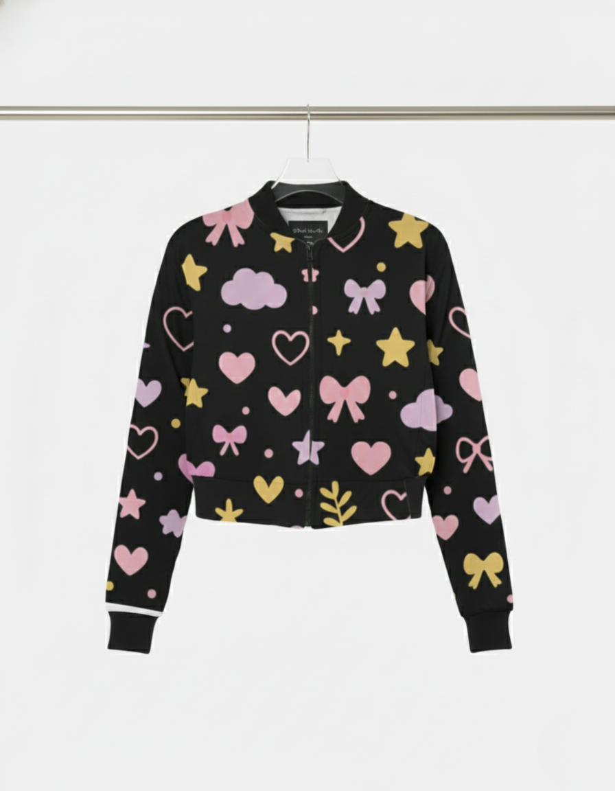 Black bomber jacket with colorful heart, bow, and cloud patterns on a white background