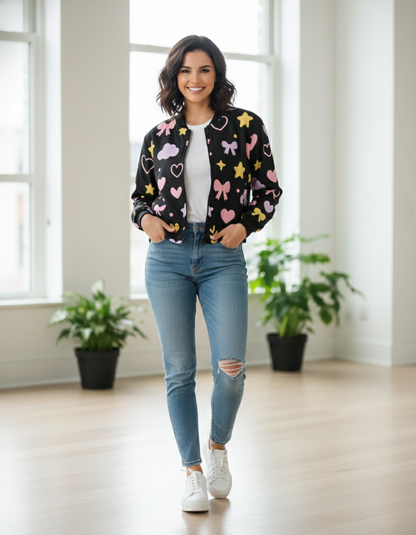 Women’s Cute Hearts & Stars Bomber Jacket –